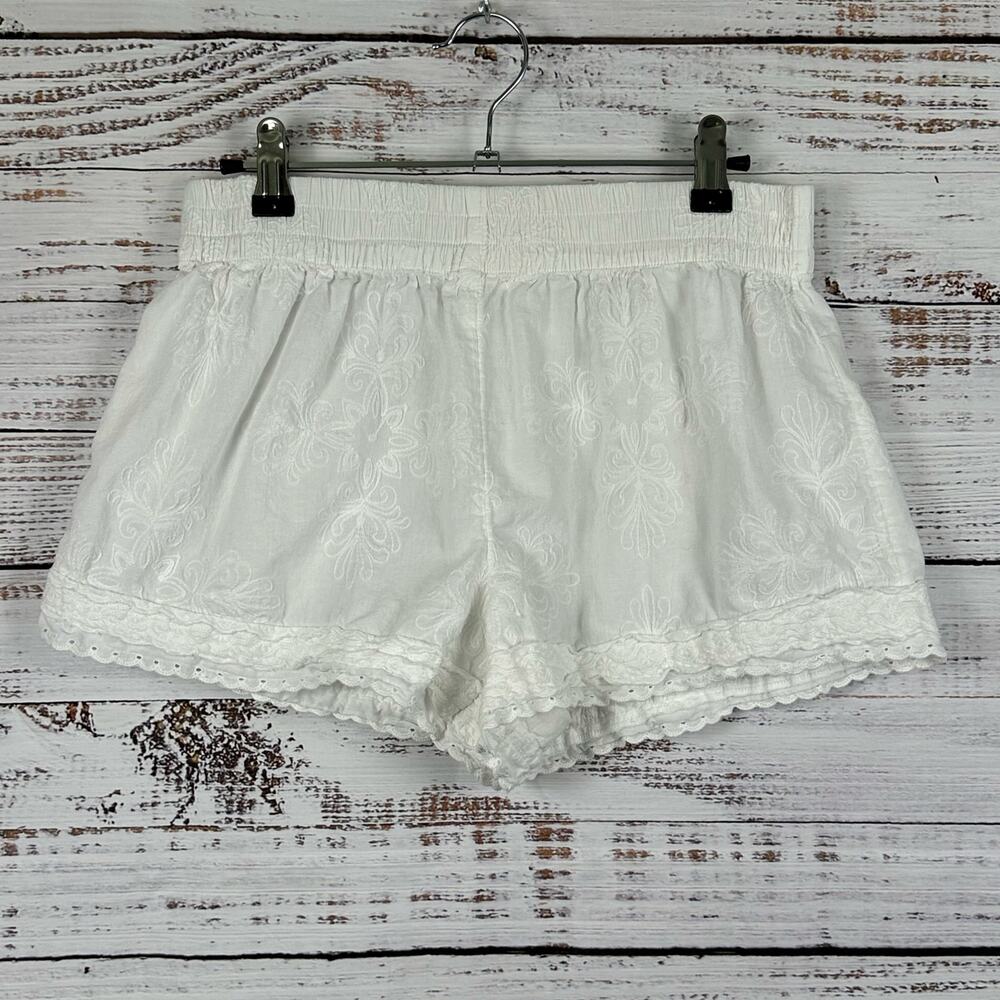 Womens Shabby Chic White Cotton Mini Shorts Pull On Embroider Boho Cottagecore S